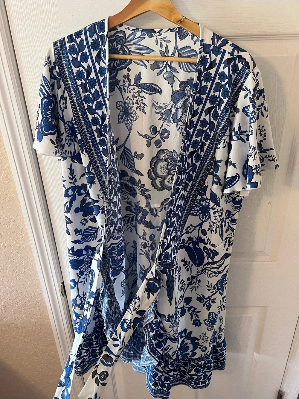 Boho Floral Print Short Sleeve Wrap V Neck Ruffle Hem A Line Dress Summer
